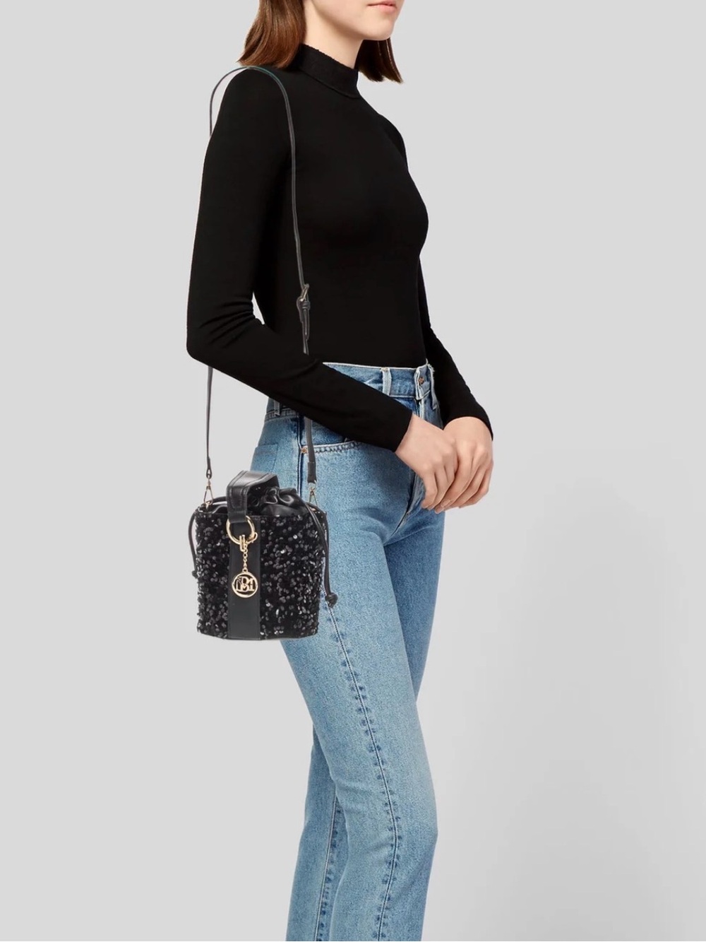 Black Badgley Mischka Sequin Bucket Bag with Gold Charm